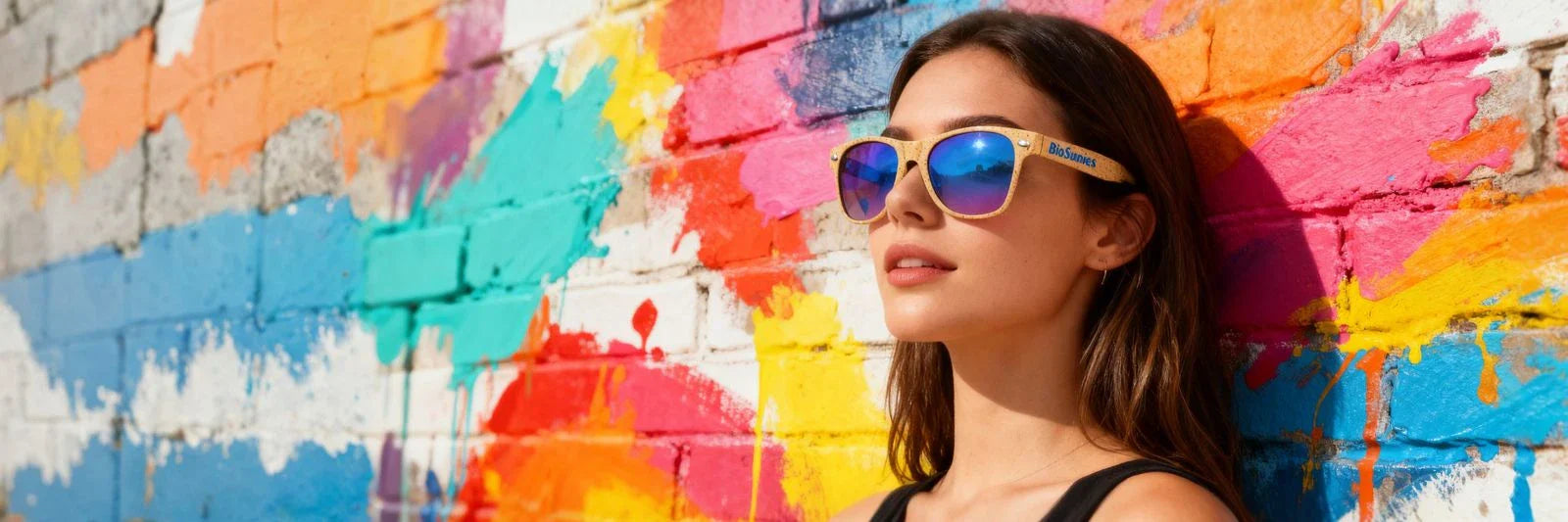 Woman wearing yellow BioSunnies. with blue mirror lenses