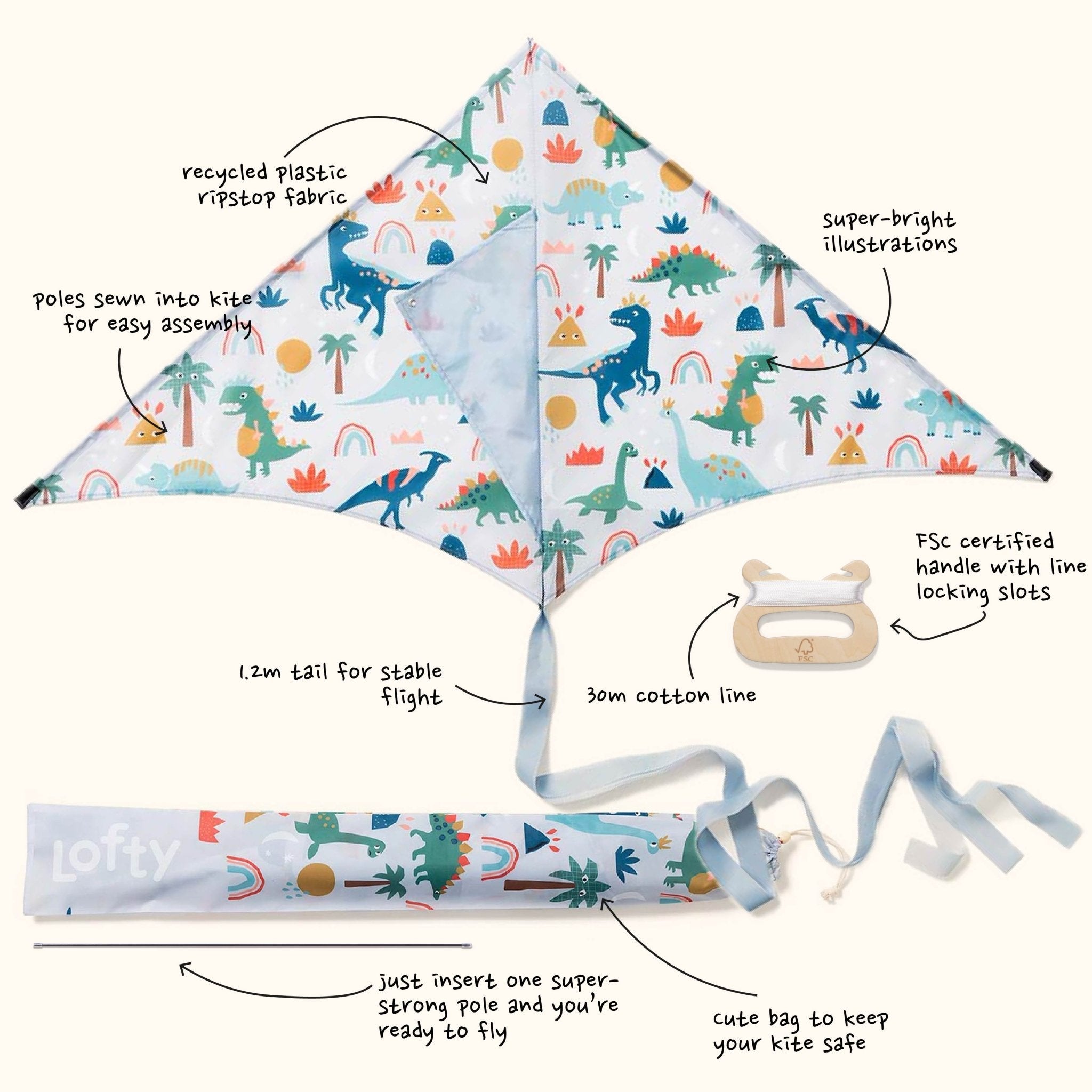 Dino Danger - Sustainable Kite - Kite by Lofty Kites