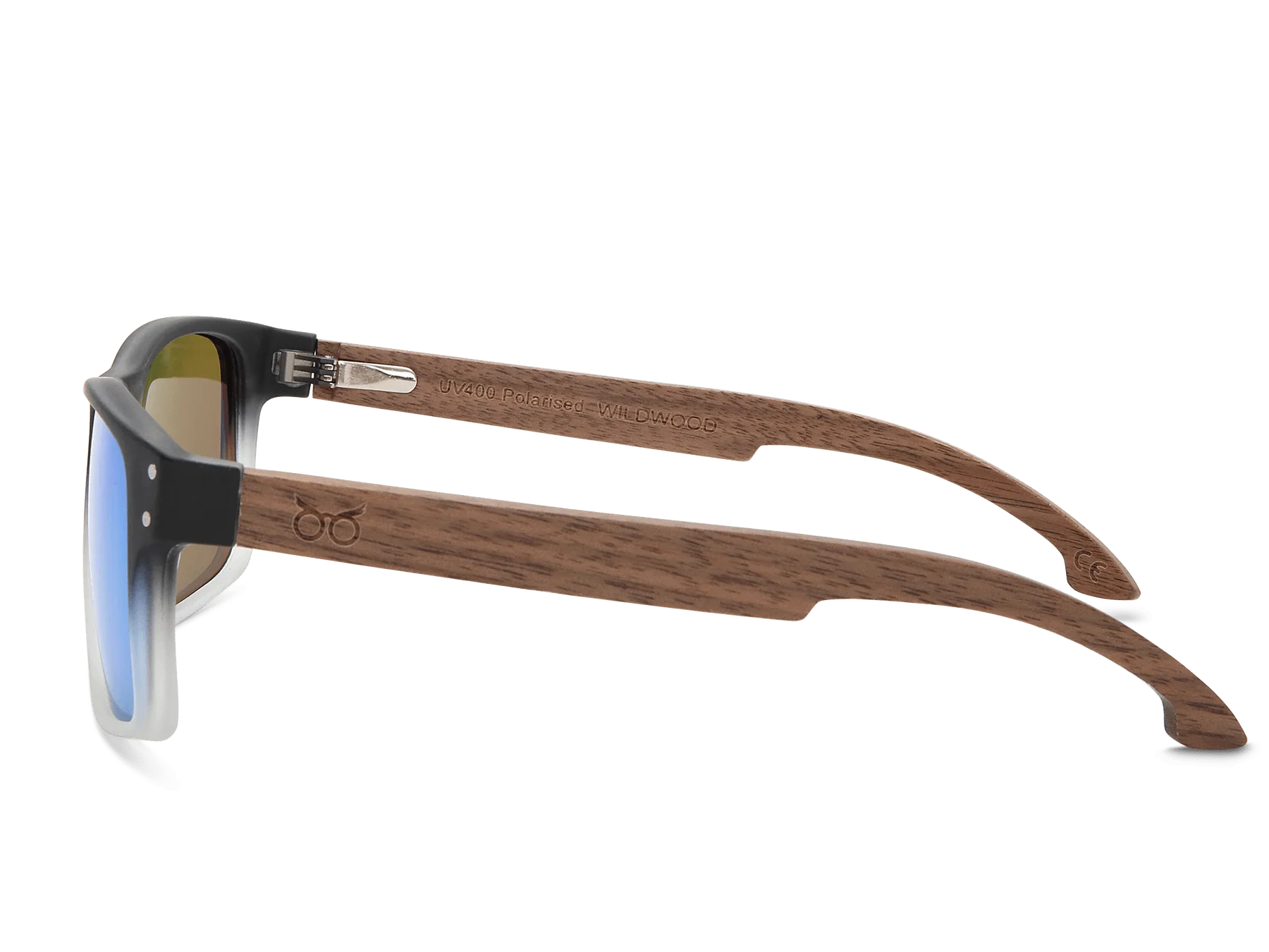 Sunglasses with wooden frame and reflective lenses on a white background
