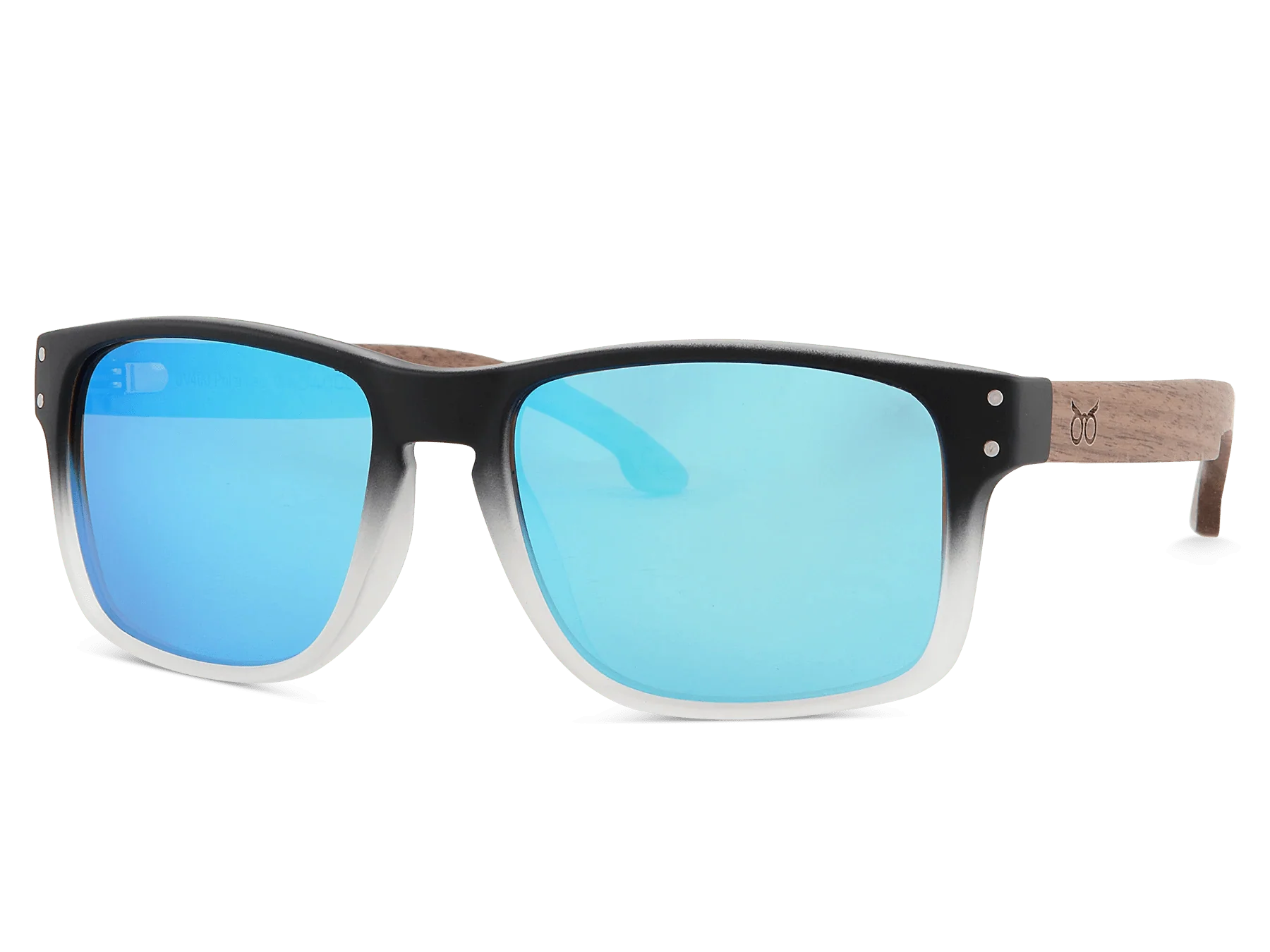 Sunglasses with blue lenses and black frame on a white background