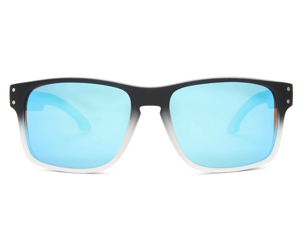Sunglasses with black frame and blue-tinted lenses on a white background