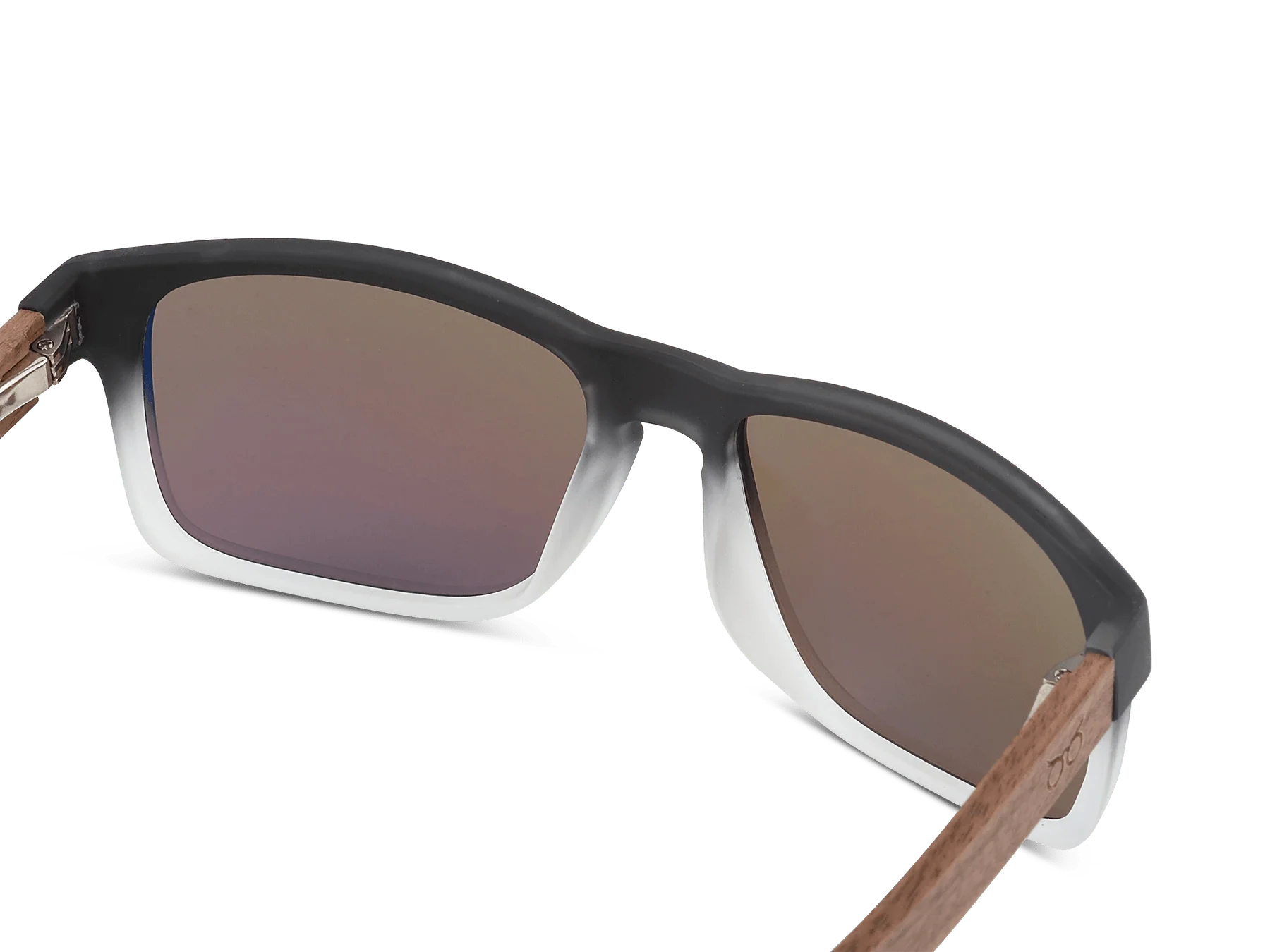 Sunglasses with brown gradient lenses and wooden arms on a white background