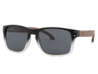 Sunglasses with black frame and dark lenses on a white background