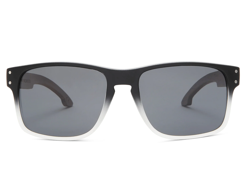 Black sunglasses with gray lenses on a white background