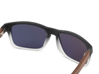 Sunglasses with black frame and wooden arms on a white background
