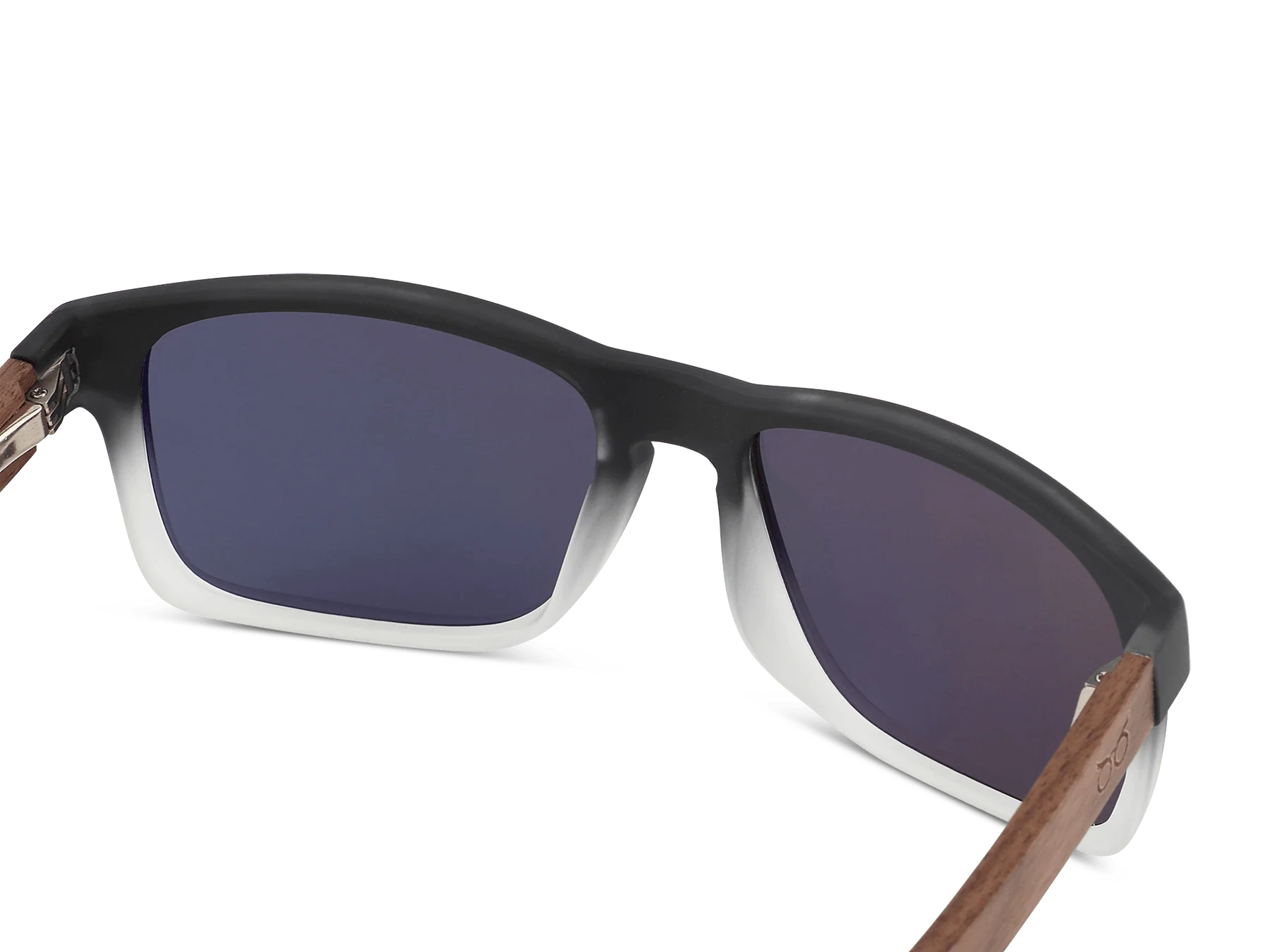 Sunglasses with black frame and wooden arms on a white background